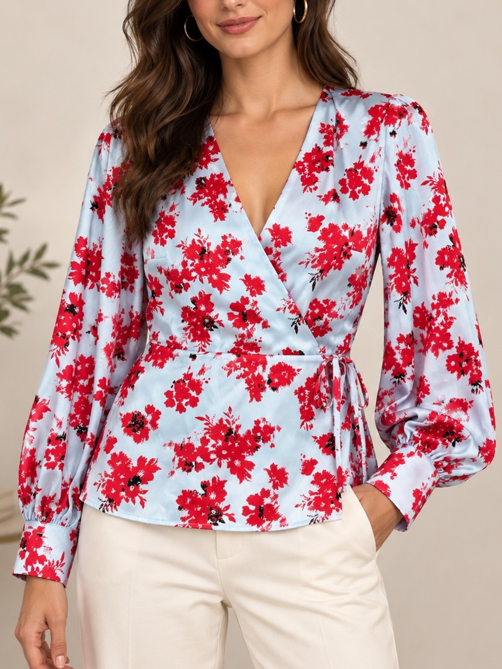 INC International Concepts Light Blue Wrap Blouse with Red Floral Print